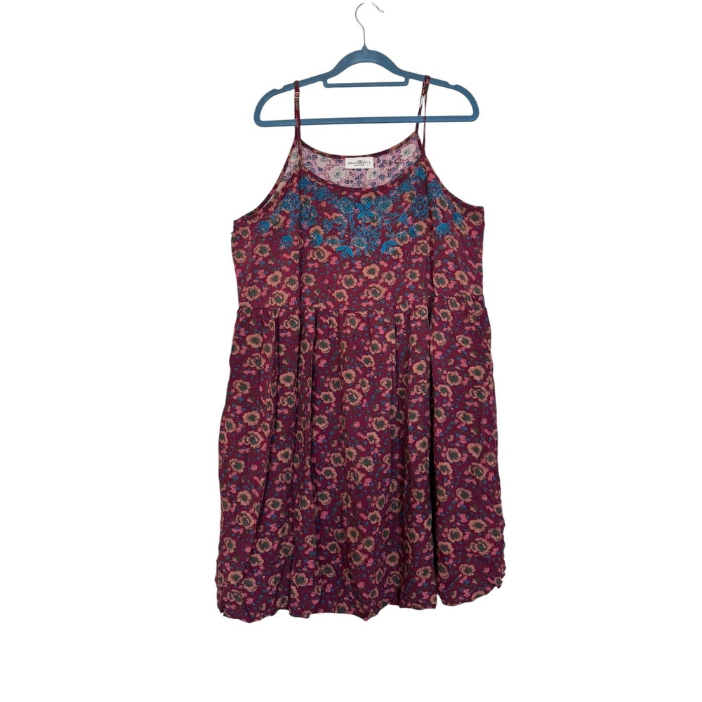 Natural Life Floral Embroidered Mini Dress Burgundy Rayon Boho Sleeveless Large